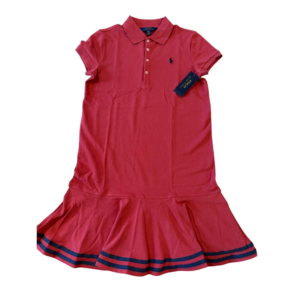 Polo‎ Ralph Lauren Girls XL 16 Red Pink Striped Drop Waist Polo Dress NWT